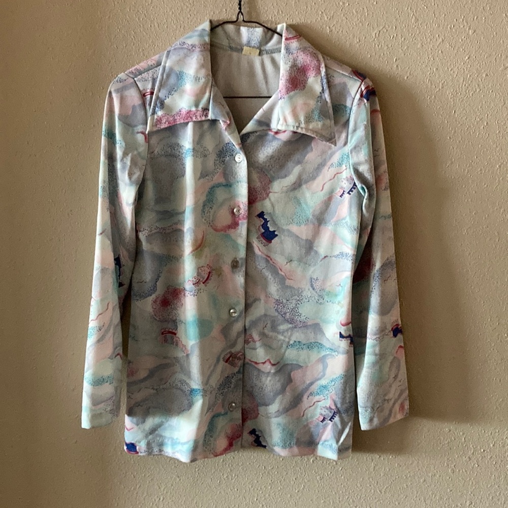 Vintage 70s Blue & Pink Cloud Castle Button Down Pointed Collar Blouse Med